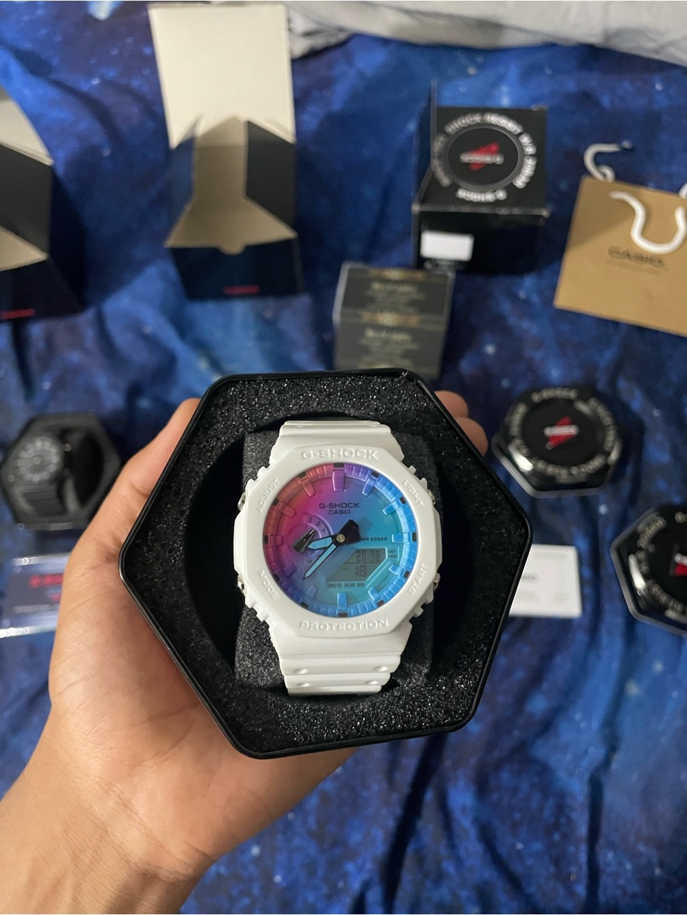 G-Shock White Watch with Blue-Pink Gradient Dial